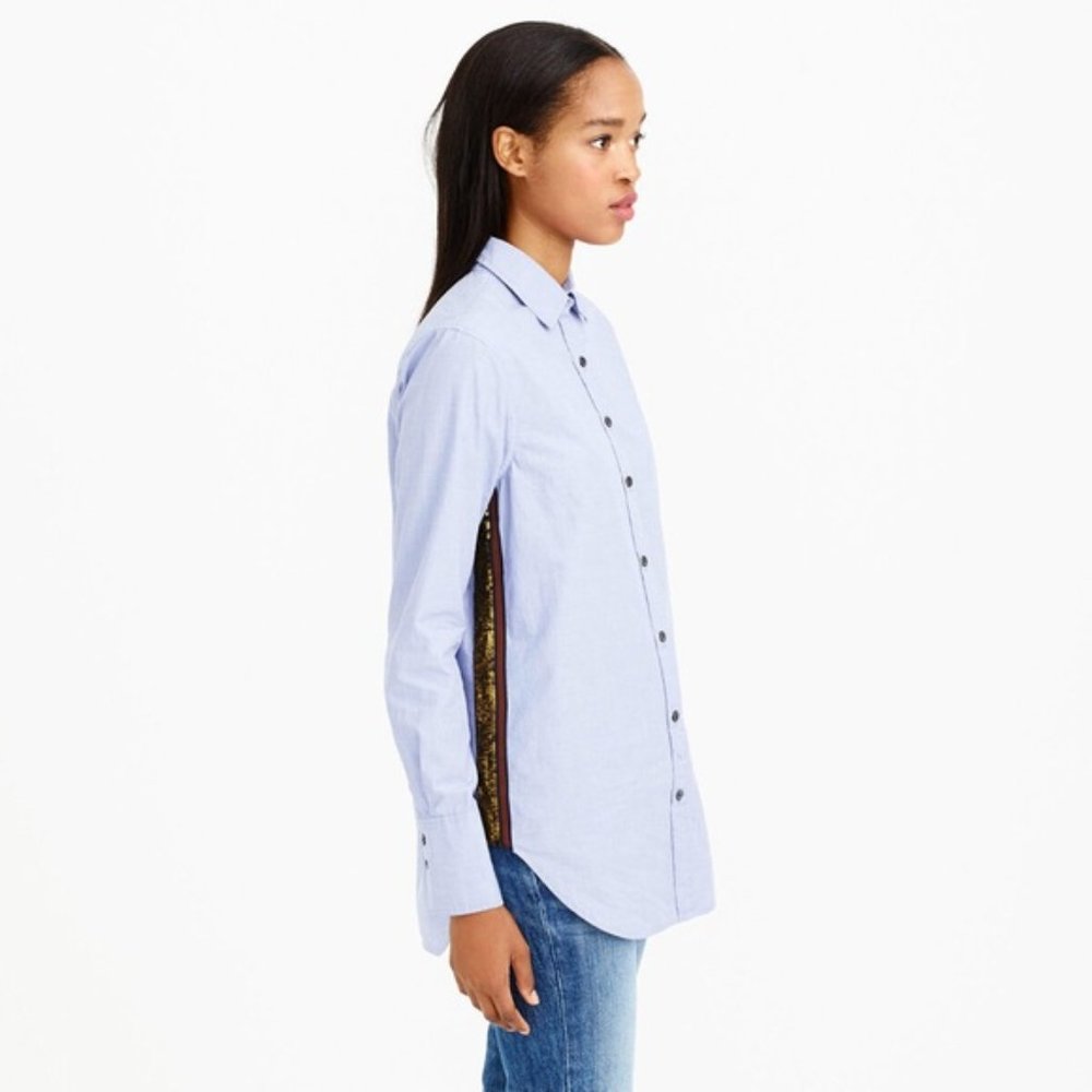 J Crew Sequin Side Stripe Button-Down Shirt Blue
